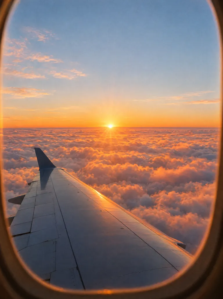 Amanecer sobre un mar de nubes visto desde la ventanilla de un avión