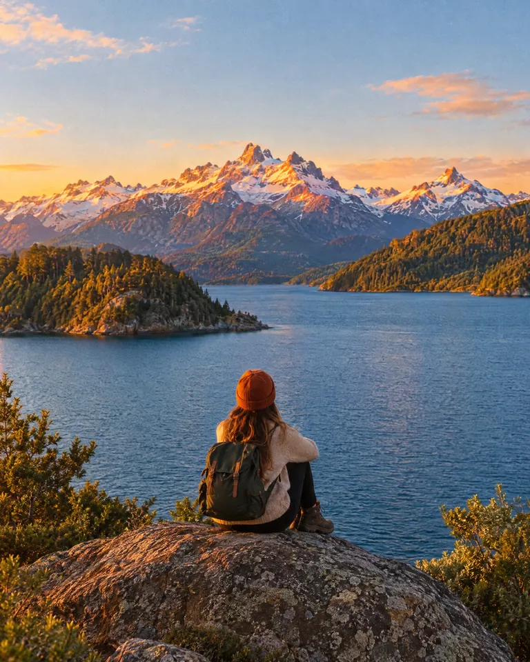 Lago Nahuel Huapi y la cordillera de los Andes al atardecer en Bariloche, Argentina