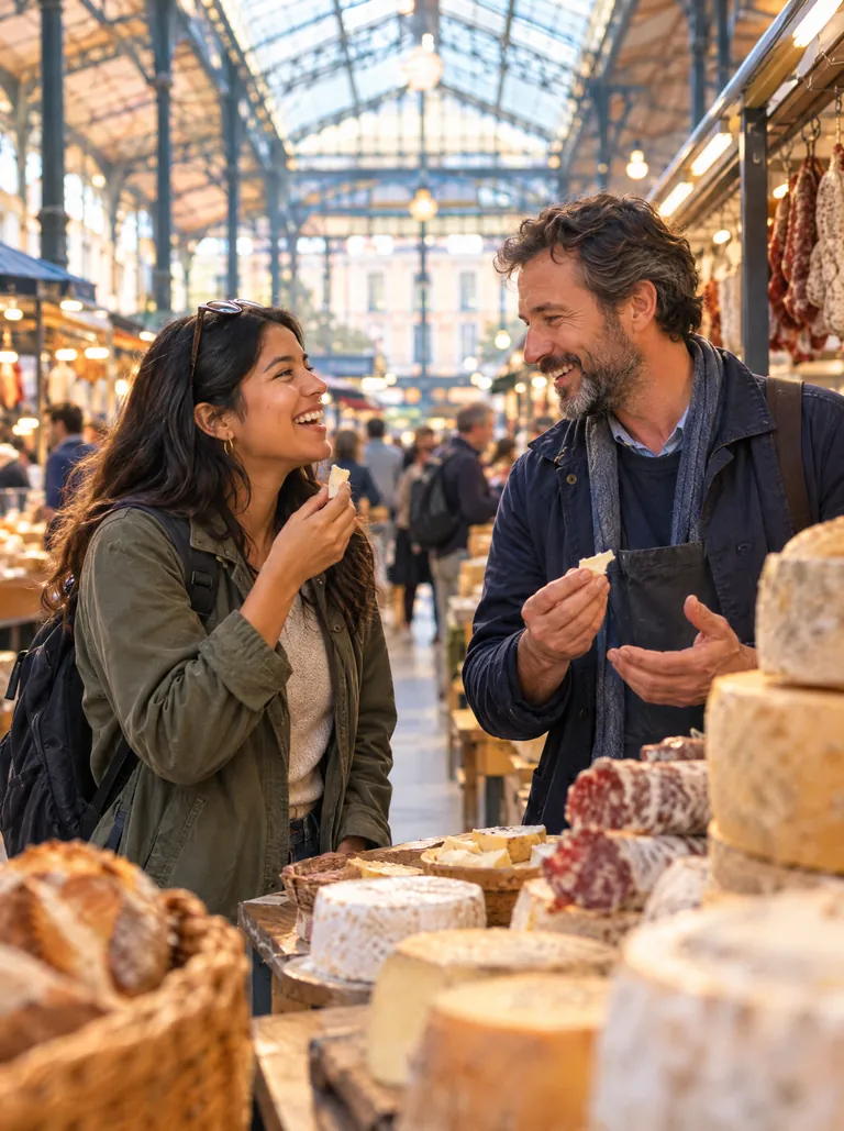 Viajera conversando con un guía local mientras prueban quesos en un mercado cubierto de Lyon, Francia