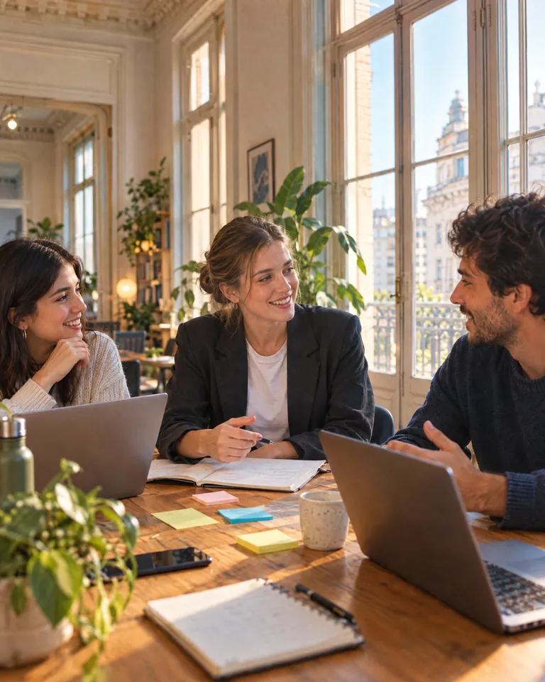 Pasante trabajando en equipo con colegas en una oficina luminosa de Buenos Aires