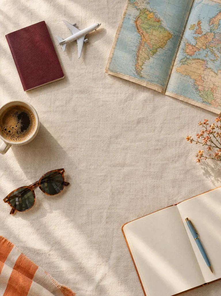 Pasaporte, avión de juguete, mapa, cuaderno y café sobre una mesa, listos para planificar un viaje