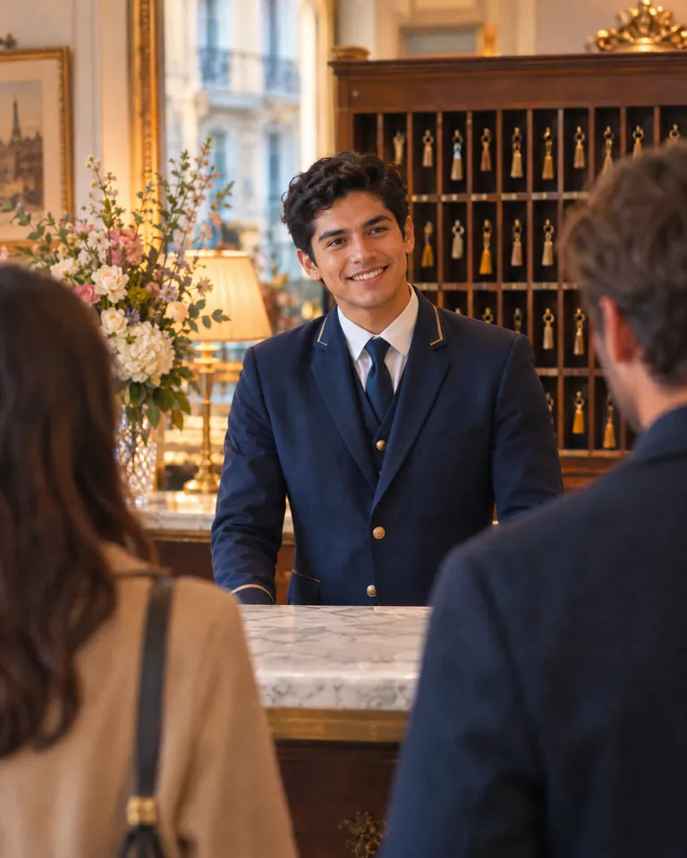 Recepcionista latinoamericano recibiendo huéspedes en un hotel boutique de París