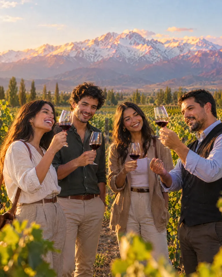 Grupo de jóvenes en una degustación de vinos con un sommelier entre viñedos de Mendoza, con la cordillera de los Andes de fondo