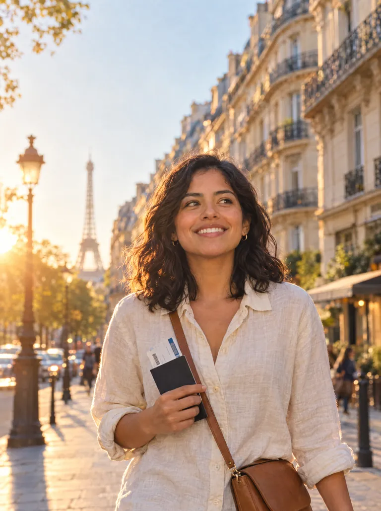 Joven viajera latinoamericana con su pasaporte y tarjeta de embarque caminando por una calle de París al atardecer