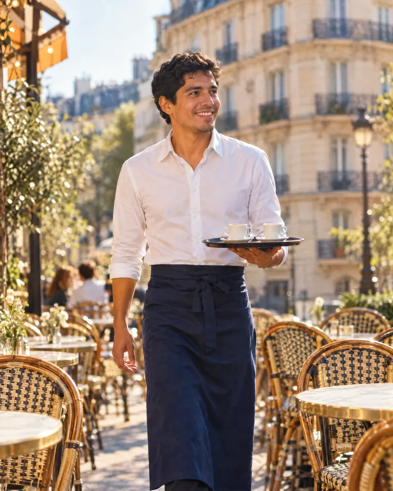 Joven latinoamericano trabajando como mozo en la terraza de un bistró de París